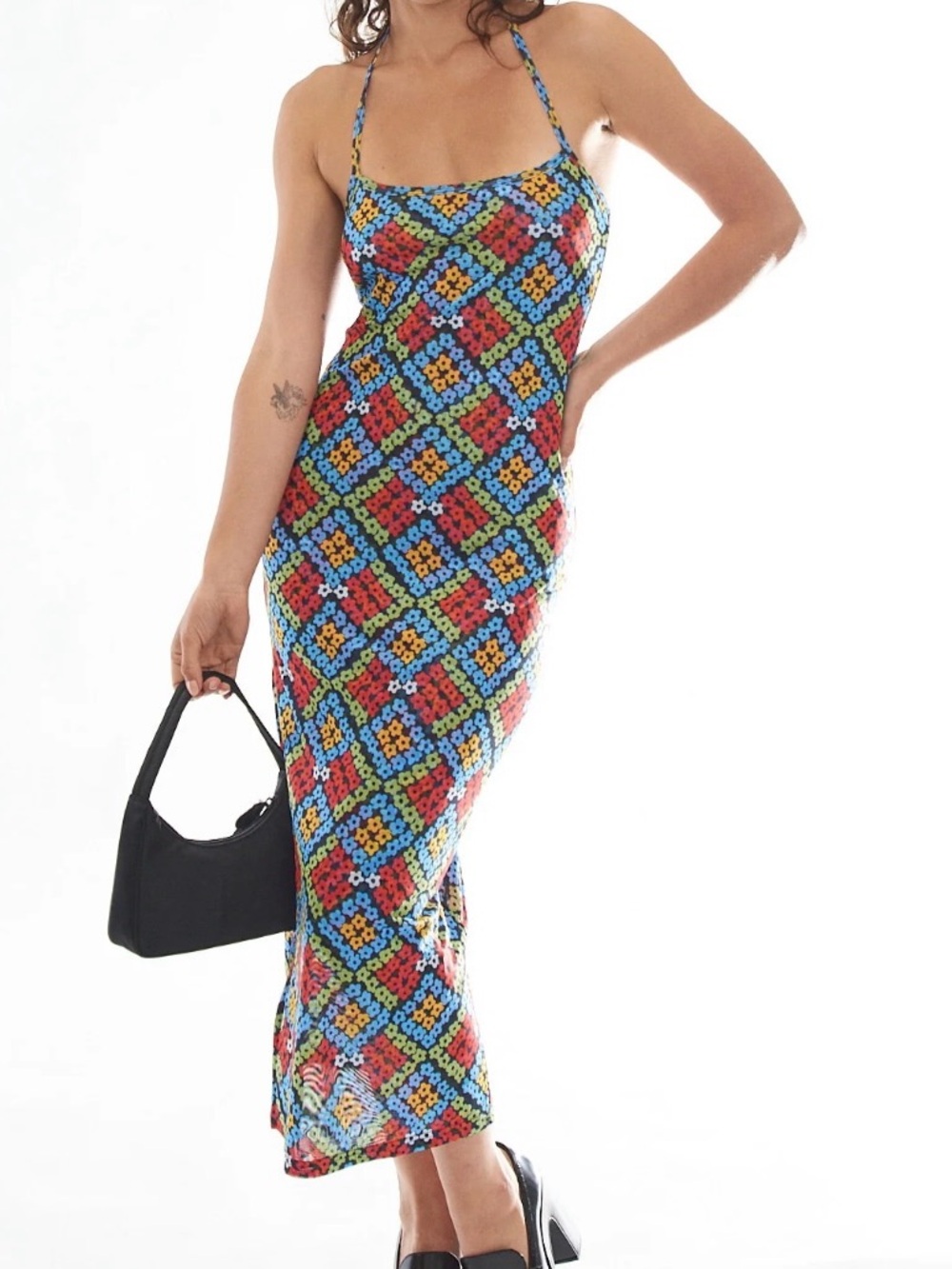 Fashion Brand Company Red & Blue Floral Diamond Print Halter Maxi Dress Sz S - Picture 7 of 7